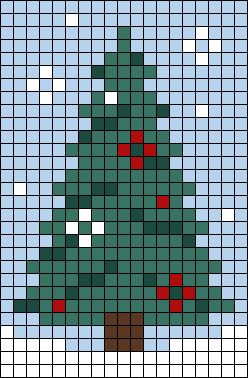 a cross stitch christmas tree with red and white dots on the bottom, in green and blue