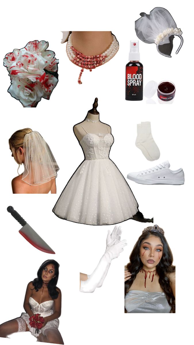 a collage of wedding items including a dress, veil, shoes, and accessories