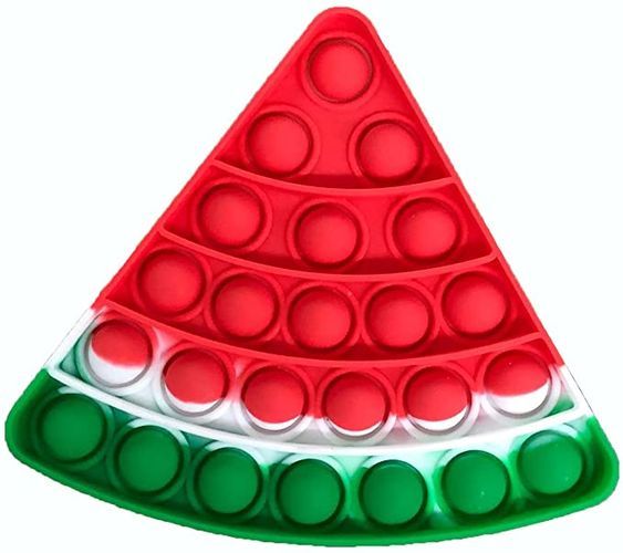 a red and green triangle shaped object with circles on it's sides, sitting in front of a white background