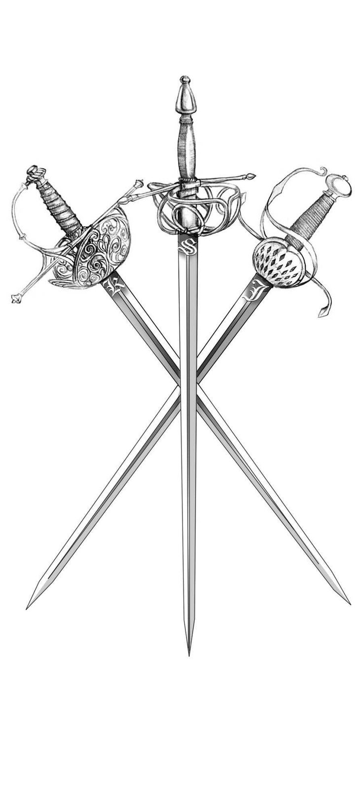 a drawing of three swords and two knives