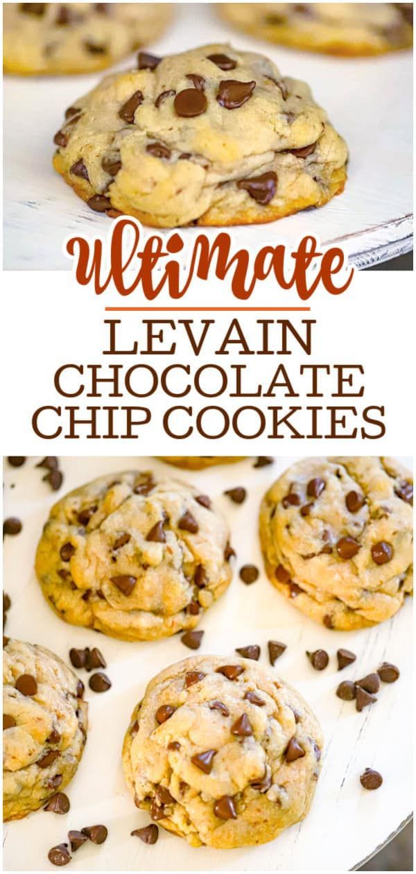 chocolate chip cookies with text overlay that says, ultimate leviain chocolate chip cookies