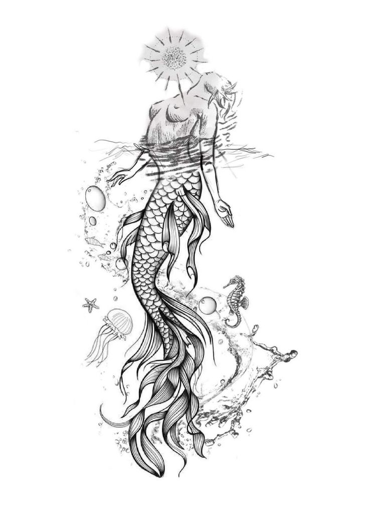 a drawing of a mermaid with long hair and sun above her head, floating in the water