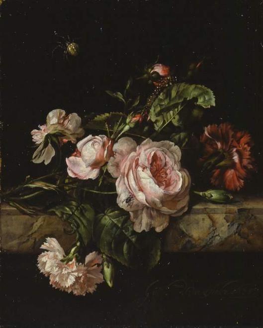 a painting of flowers in a vase on a ledge