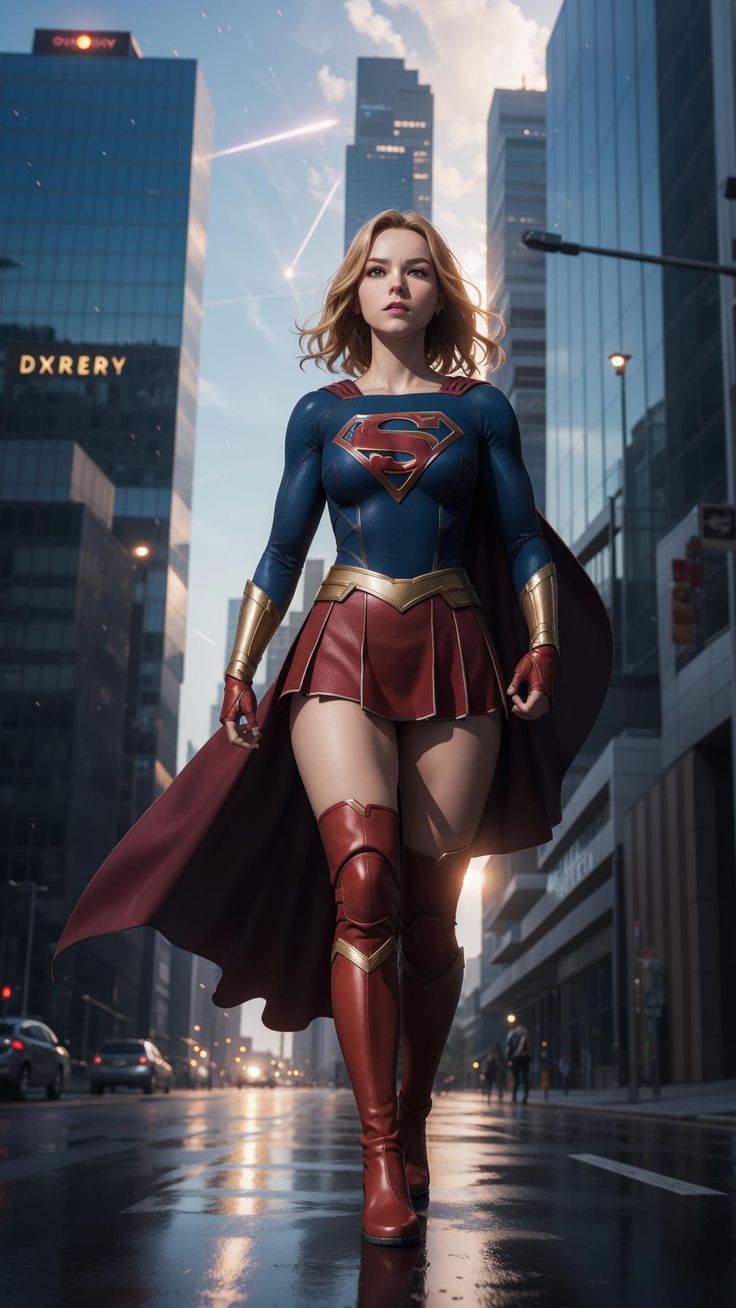 a woman in a superman costume walking down the street with her cape open and boots on