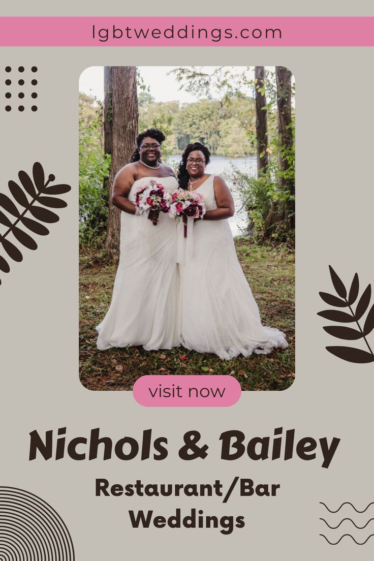 two women standing next to each other in front of trees and the words, nicholas & bailey restaurant / bar wedding