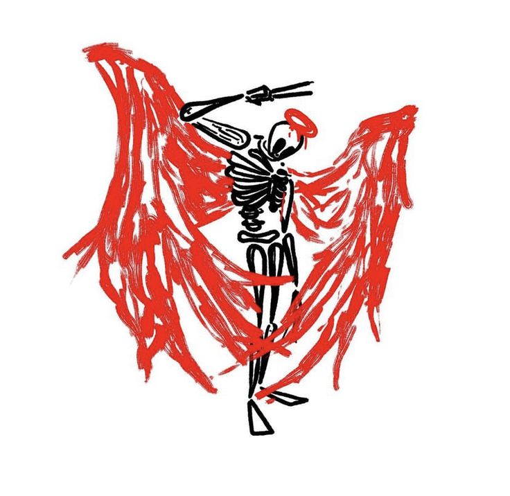 a drawing of a skeleton holding a hammer with red streaks on it's body