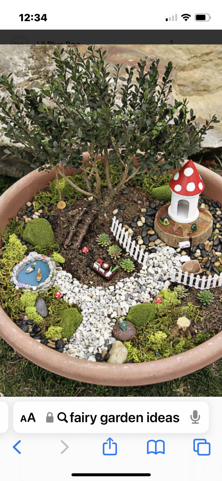 a potted plant with a gnome's house in it on top of gravel