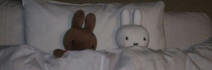 two stuffed animals are peeking out from under the covers