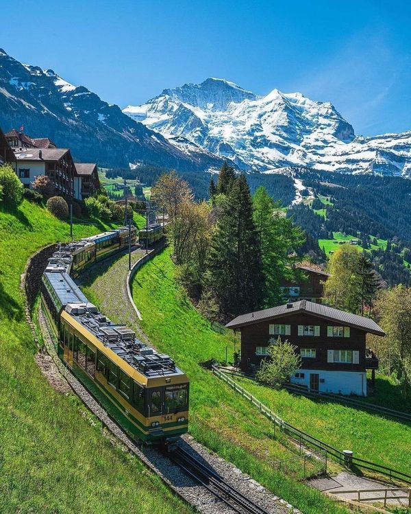 a train traveling through a lush green hillside covered in snow capped mountain range behind it