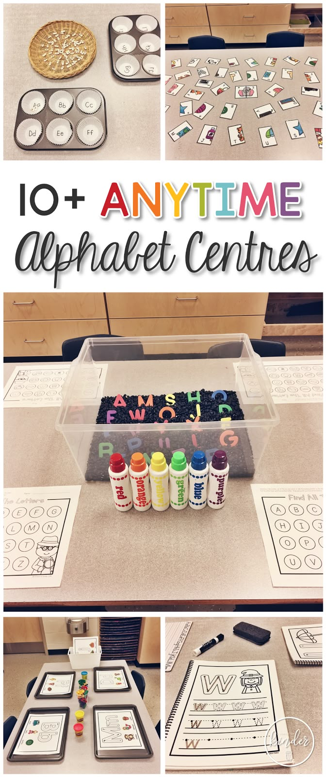 an assortment of alphabet activities and printables on a table with the title overlay that reads 10 + anytime alphabet centers