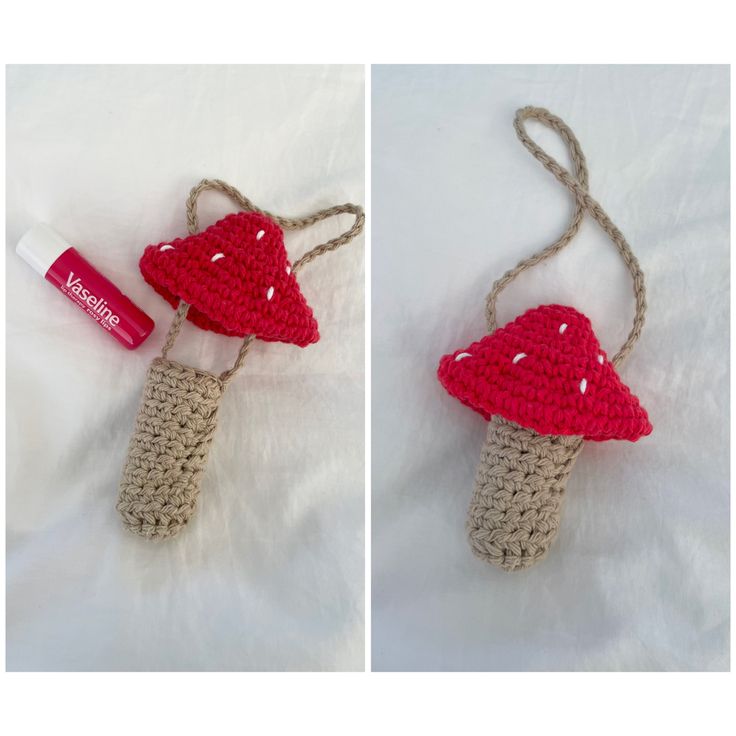 crocheted mushroom ornament and lip bale on white background with text