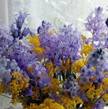 a vase filled with purple and yellow flowers on top of a window sill next to a wall