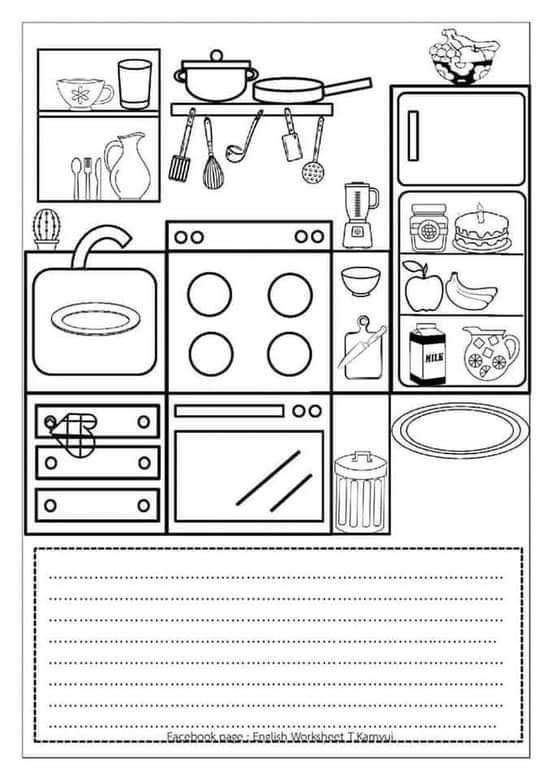 a printable worksheet for kids to learn how to make a kitchen scene