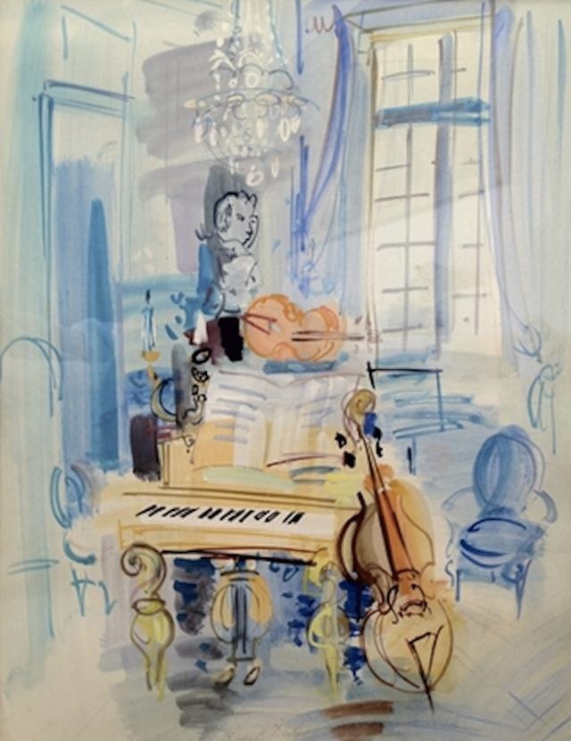 a drawing of a room with a piano, violin and chandelier in it