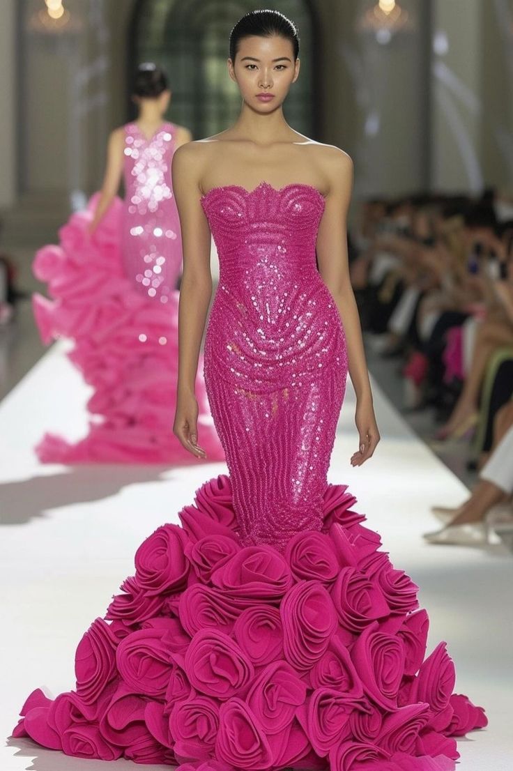 Flower Gowns Dresses, Haute Couture Flowers, Fuschia Wedding Dress, Fuschia Pink Dress, Princess Couture, Princess Fantasy, Flower Gown, Classy Wardrobe, Barbie Aesthetic