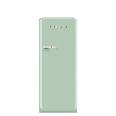 a green refrigerator freezer sitting on top of a white wall