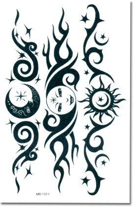 the sun and moon tattoo design is shown in black ink on white paper with stars