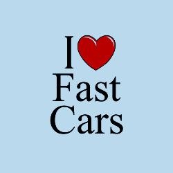 the words i love fast cars are in black and red on a light blue background