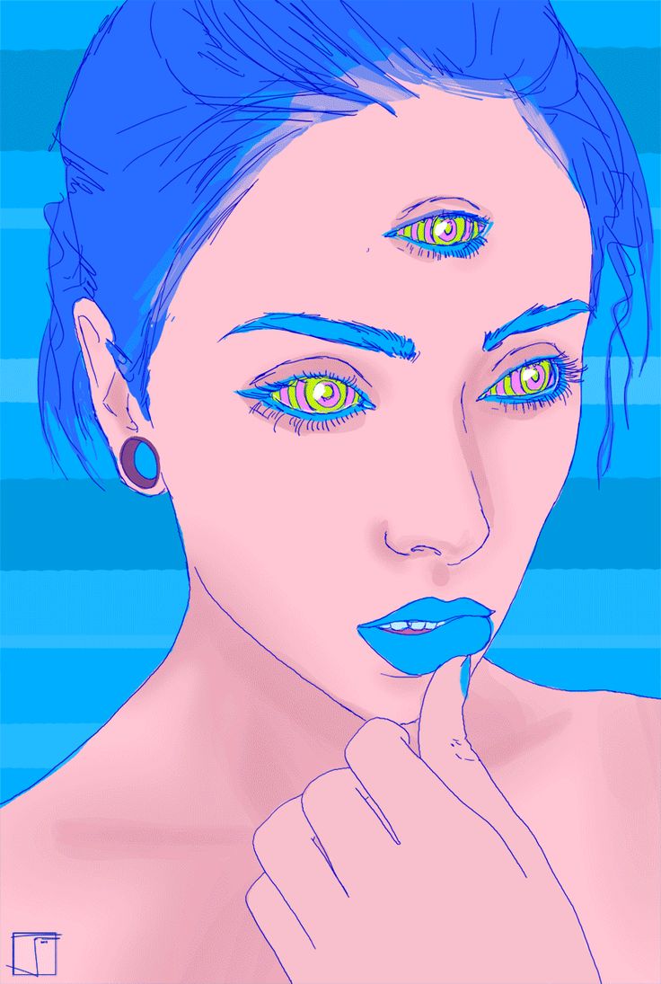 a drawing of a woman with blue hair and yellow eyes holding her hand to her mouth