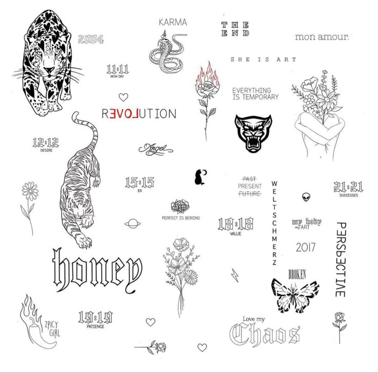 various tattoo designs on a white sheet with the words revolution written in black and white