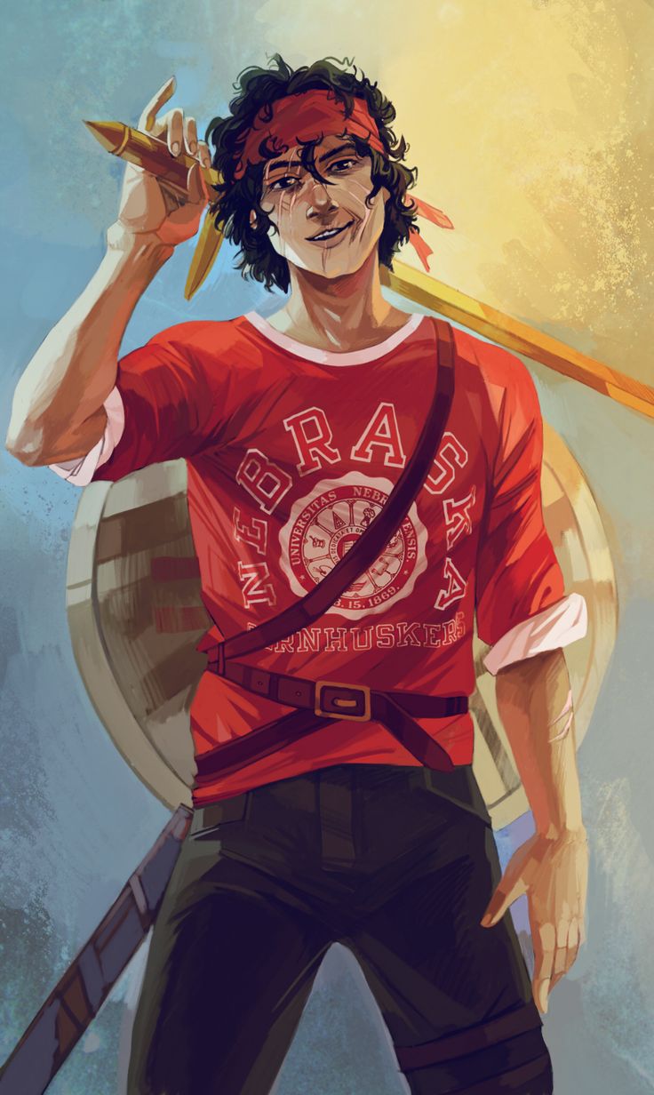 a young man in a red shirt holding two swords