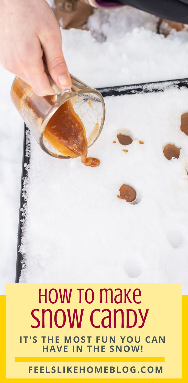 someone pouring caramel sauce into a jar on top of snow with text overlay how to make snow candy it's the most fun you can have in the snow