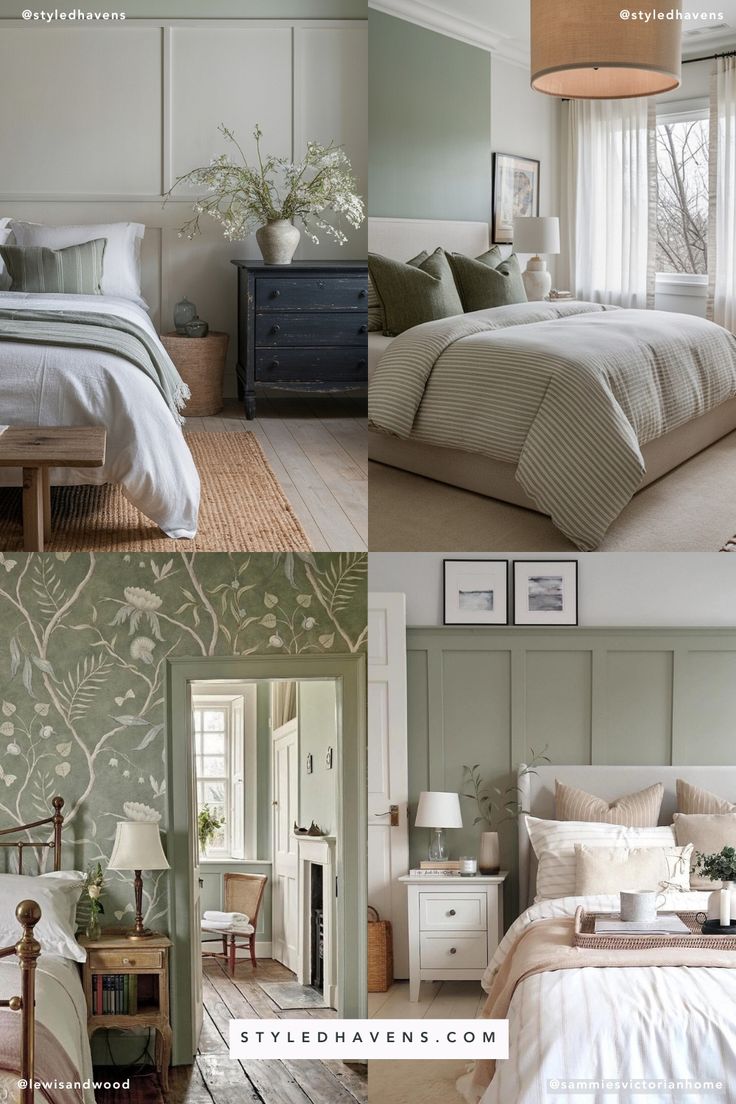 four different pictures of a bedroom with green walls and furniture, including bedding, nightstands, lamps, windows