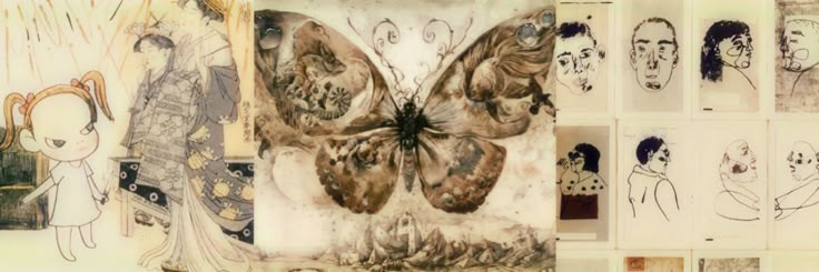 some drawings are shown on the wall and in front of them is an image of a butterfly