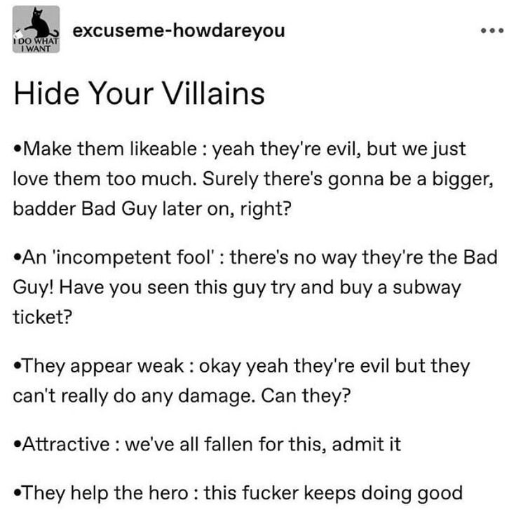 the text on this page says, hide your villains