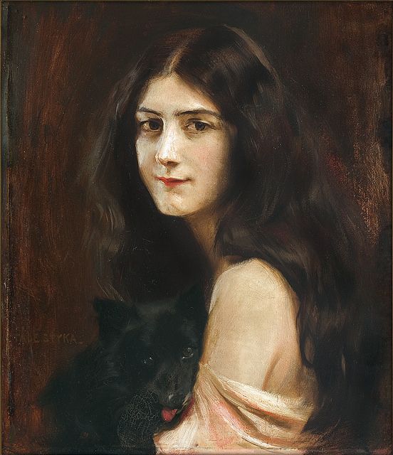 a painting of a woman holding a black dog