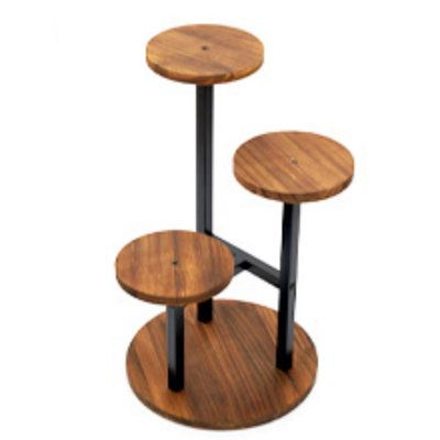 three tiered wooden table with black metal legs and two circular tables on each side