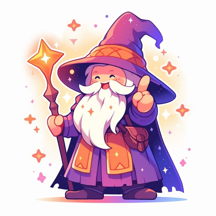 an image of a wizard holding a wand and pointing to the stars on his hand