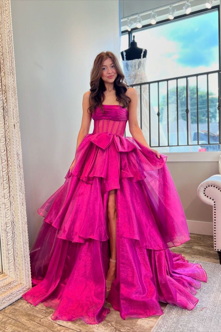 strapless fuchsia corset A-line tiered ruffle lonbg prom dress formal dress ball gown #promdress #prom2025 #formaldress #sweet16dress #winterformaldress #ballgown #homecomingdress #engagementdress #pageantdress #weddingpartydress #weddingguestdress #eveningdress #seniorprom #rufflesdress Prom Dress Inspo, Ruffle Prom Dress, Winter Formal Dresses, Dress Ball Gown, Long Formal Gowns, Prom Dresses Yellow, Stunning Prom Dresses, Strapless Corset, Prom Dress Inspiration