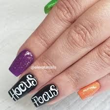 Halloween Nail Tips, Hocus Pocus Nail Ideas, Halloween Nails Hocus Pocus, Hocus Pocus Acrylic Nails, Hocus Pocus Nails Simple, Hocus Pocus Nails Acrylic, Hocus Pocus Nail Designs, Hocus Pocus Nails, Supernatural Nails