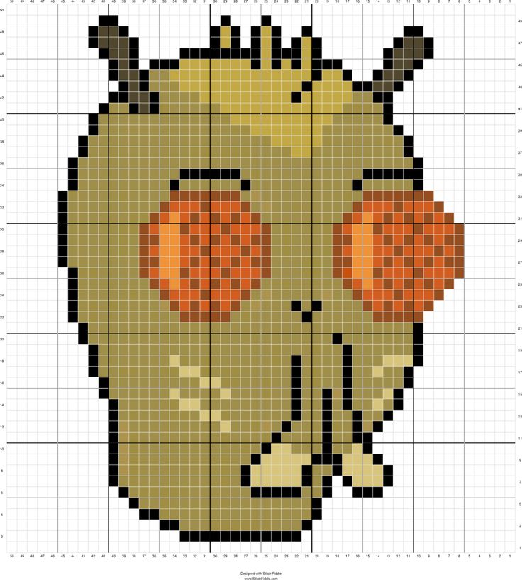 a cross stitch pattern with an image of a skull and two orange eyes on it