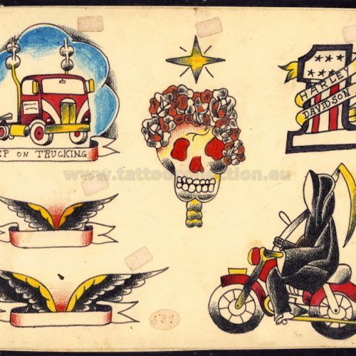 an old school tattoo design with skulls and motorcycles