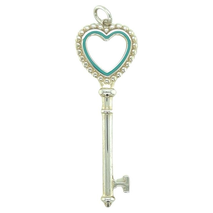 Tiffany & Co. Sterling Silver Mint Green Enamel Bead Heart Key Charm Pendant - Used But In Great Condition - Professionally Cleaned - Rare Necklace Key Collection, Bead Heart, Heart Key, Enamel Beads, Heart And Key, Tiffany And Co, Key Pendant, Green Enamel, Open Heart