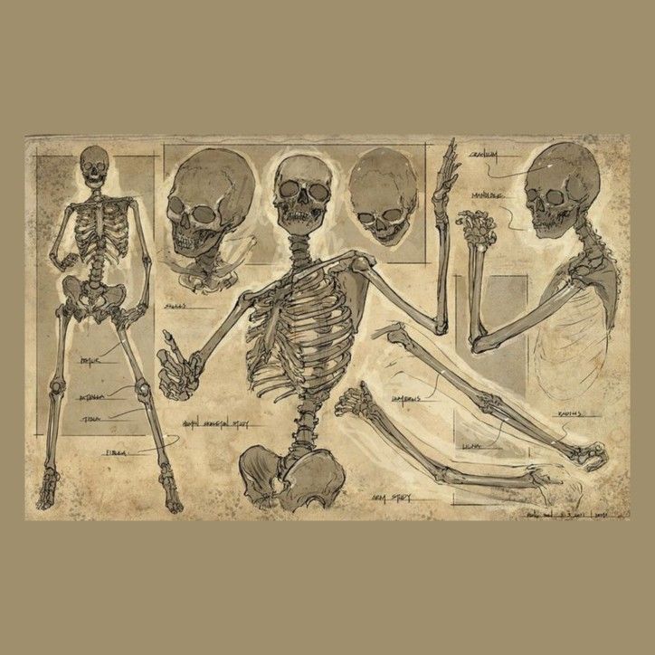 an image of human skeleton models in various positions and sizes, including the upper half of the body