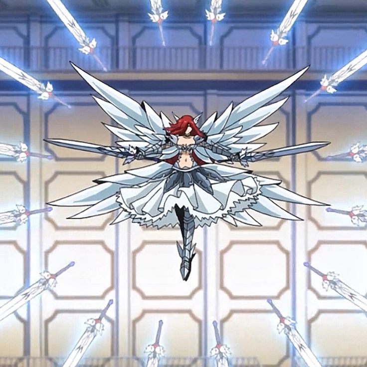 an anime character flying through the air in front of many lights and swords on display