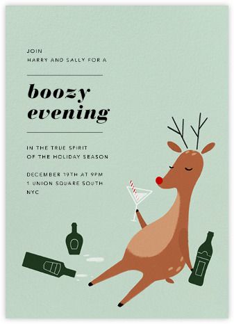 a christmas party flyer with a reindeer holding a wine glass in it's mouth