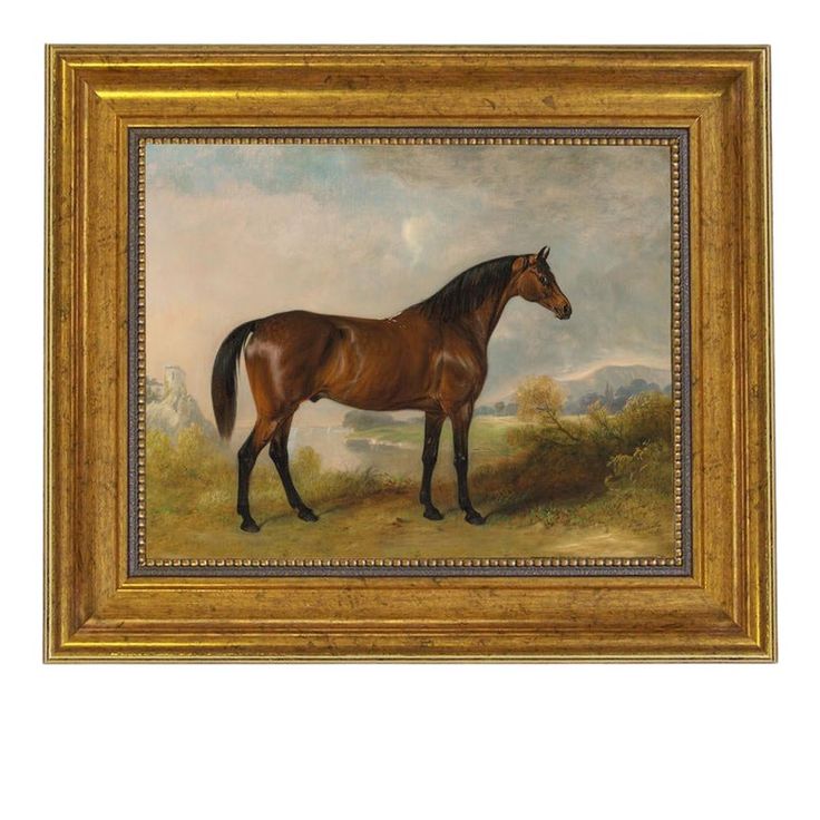 a painting of a brown horse standing in a field