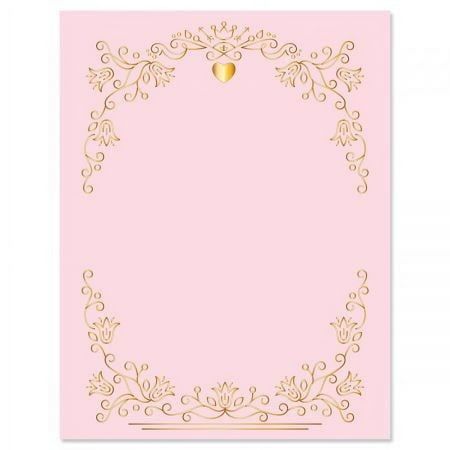 a pink and gold wedding card with a heart in the middle on top of it