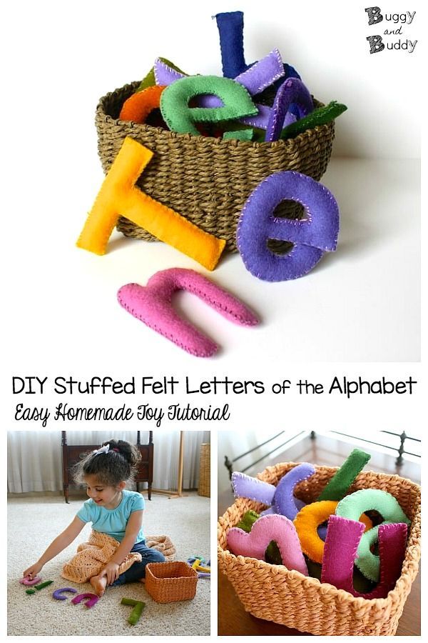 a basket filled with letters and toys on top of a white floor next to the words diy stuffed felt letters of the alphabet