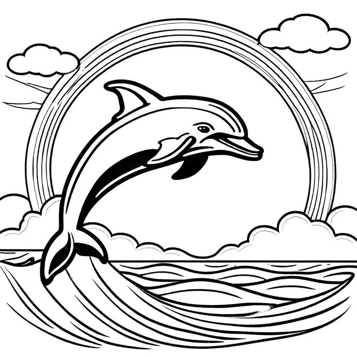 a dolphin jumping out of the water with clouds and sun in the sky behind it