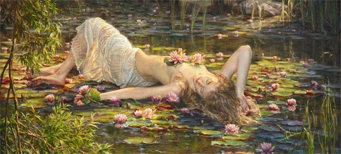 a painting of a woman laying in water lillies