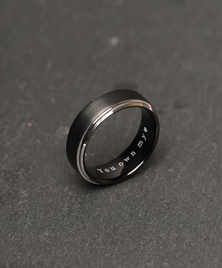 This promise ring is handcrafted with Tungsten with a polished black center and silver edges. It can be personalized with initials, words, dates, symbols... It's a perfect gift for your boyfriend, father, husband... simply your loved one. Perfect for any outfit or occasion. One of the most special gift for him. The ring is made of tungsten, which is known for its strength, durability and hypoallergenic nature. ❥ A Little More * Waterproof * People with allergies to jewelry can wear tungsten jewe Guy Promise Rings Boyfriends, Promise Rings For Guys Boyfriends, Men’s Anniversary Gift Idea, Men’s Promise Rings, Boy Promise Rings, Men’s Rings, Male Promise Rings, Black Promise Rings, Men Promise Rings