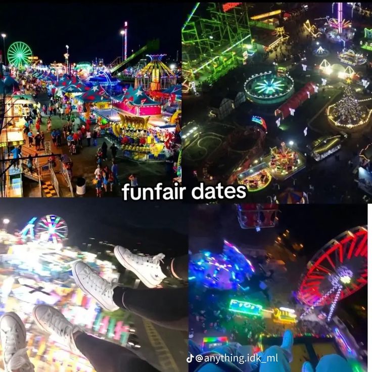 an aerial view of carnival rides at night and in the dark with caption funfair dates