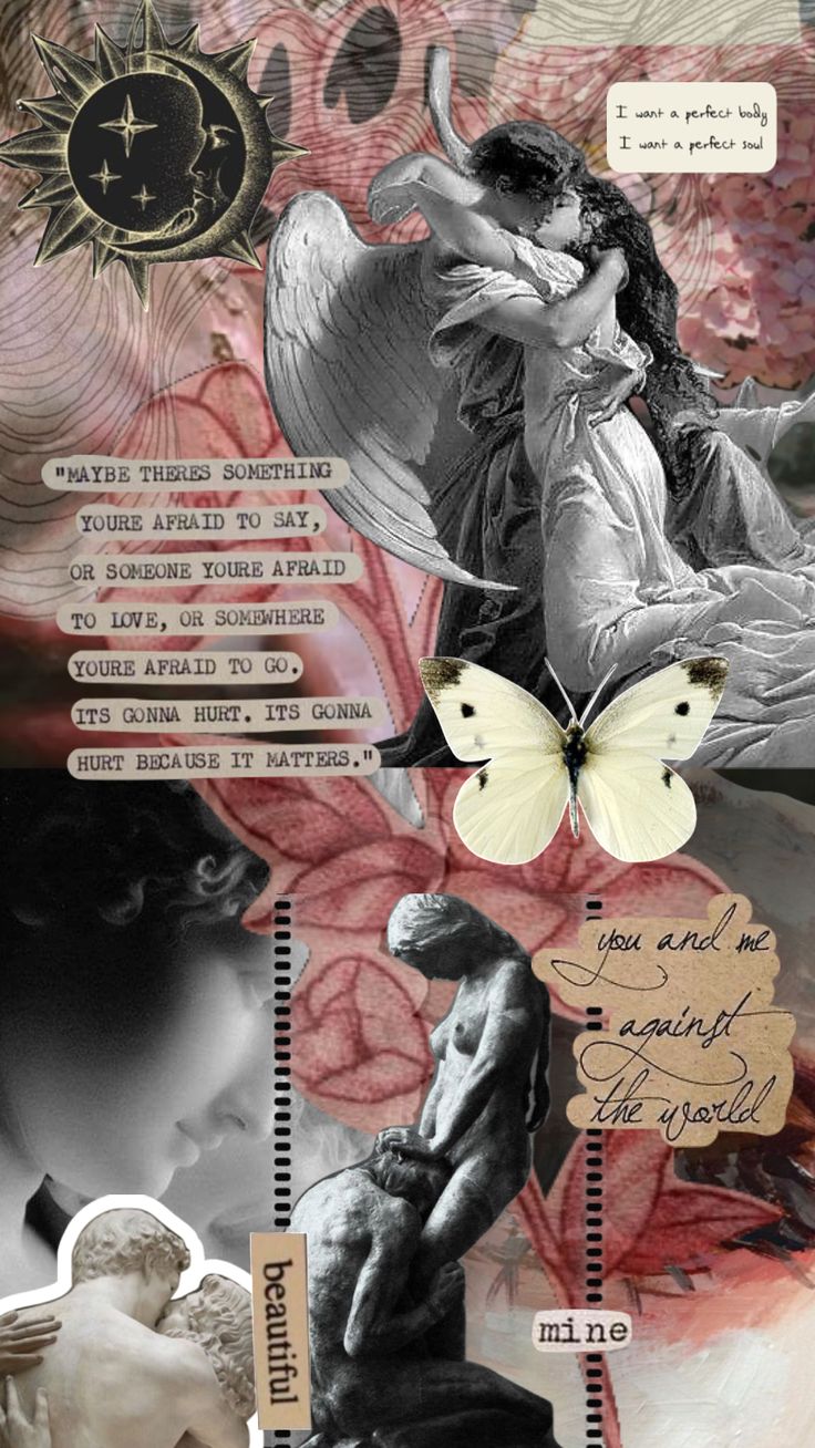 an altered collage with pictures and words on it, including a woman kissing a man