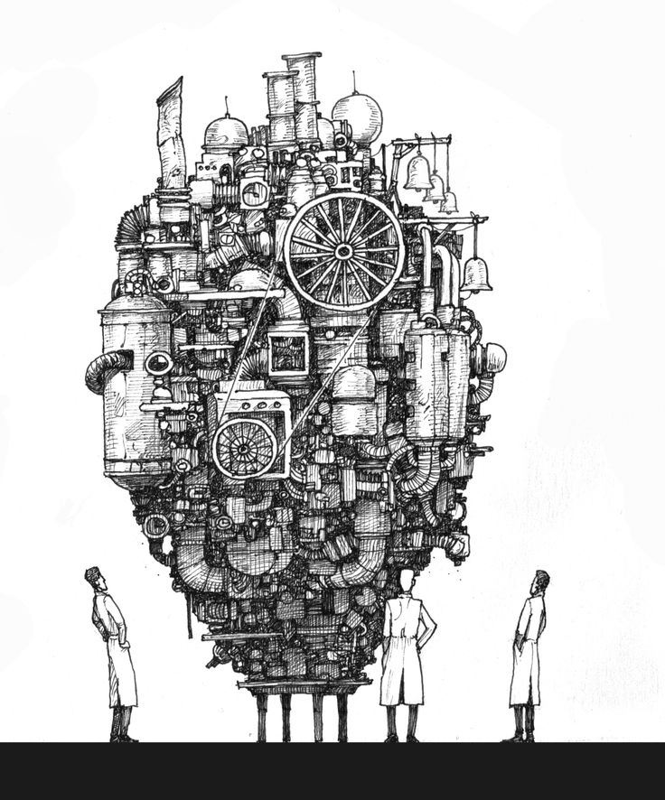 two people standing in front of a drawing of a large machine with gears on it