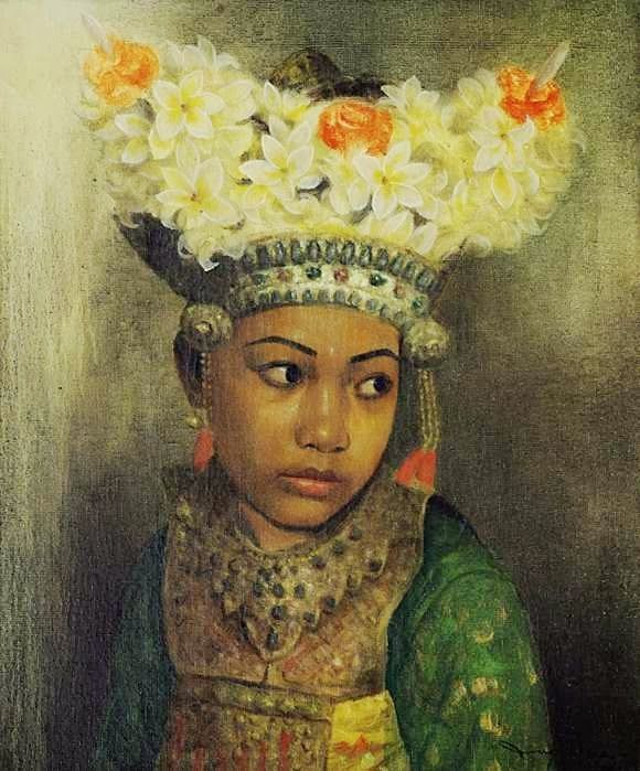 an oil painting of a woman with flowers in her hair, wearing a headdress